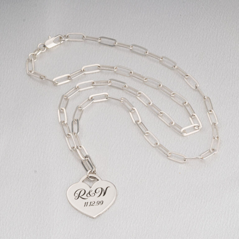 Engraved Heart Necklace with Paperclip Chain