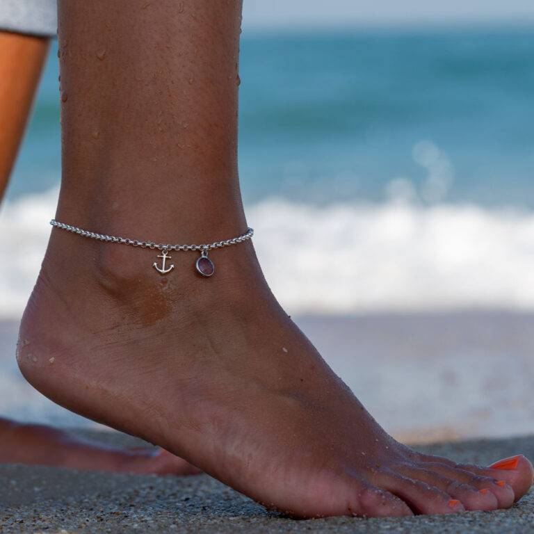 Sterling Silver Anchor Anklet With Birthstone