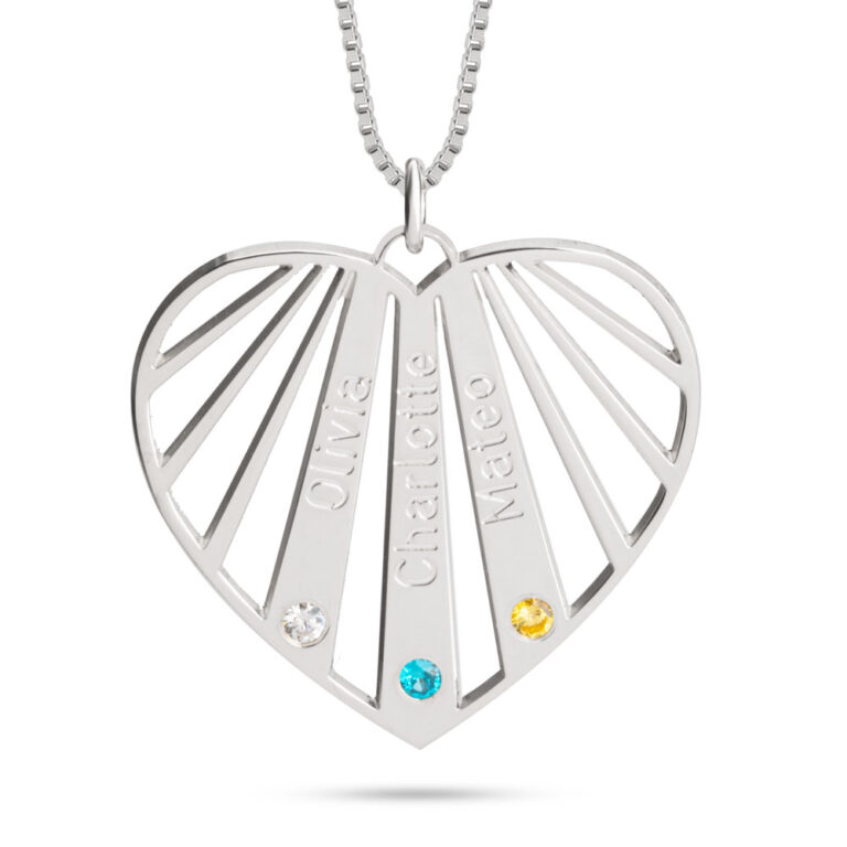 Mother's Heart Necklace with Children's Names and Birthstones