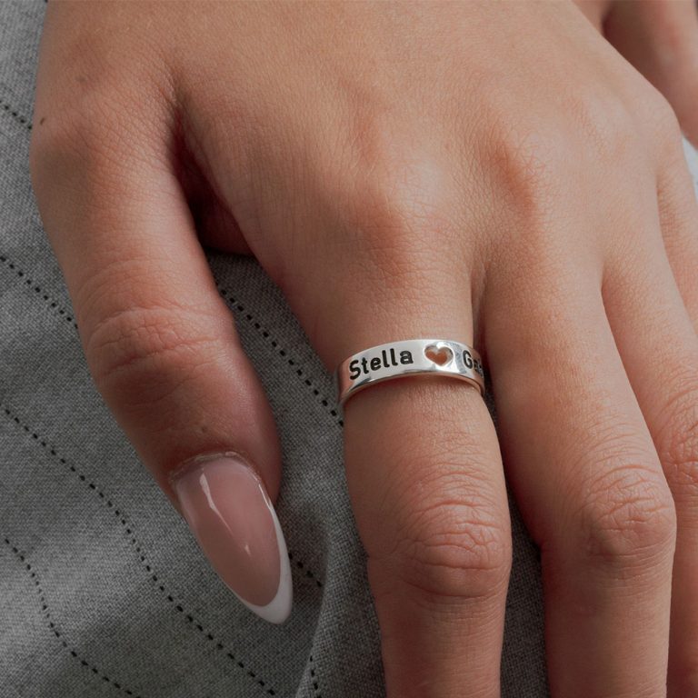 Engraved Double Name Ring with Cutout Heart